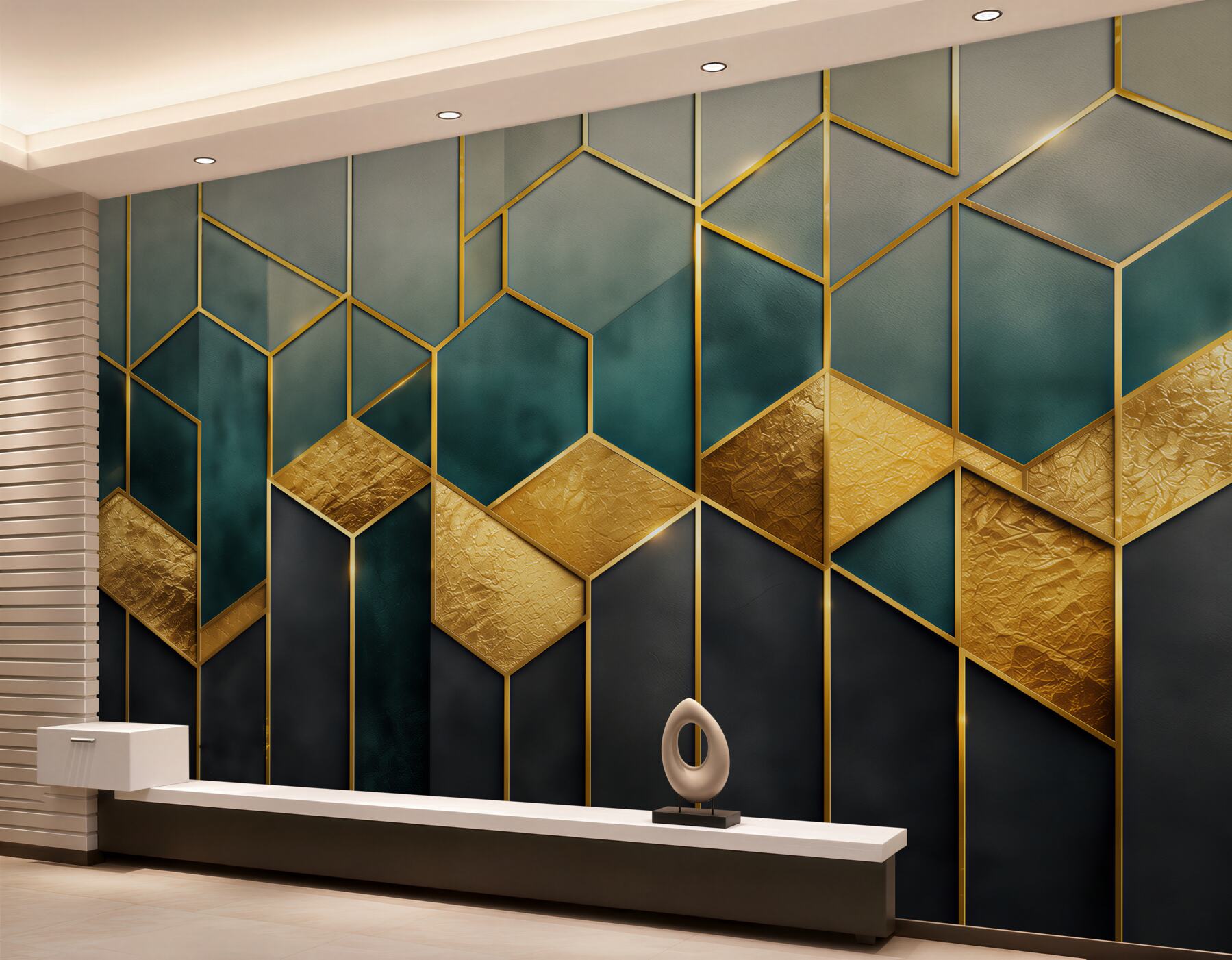 Papier peint motif géométrique bleu marine doré dans le style art déco