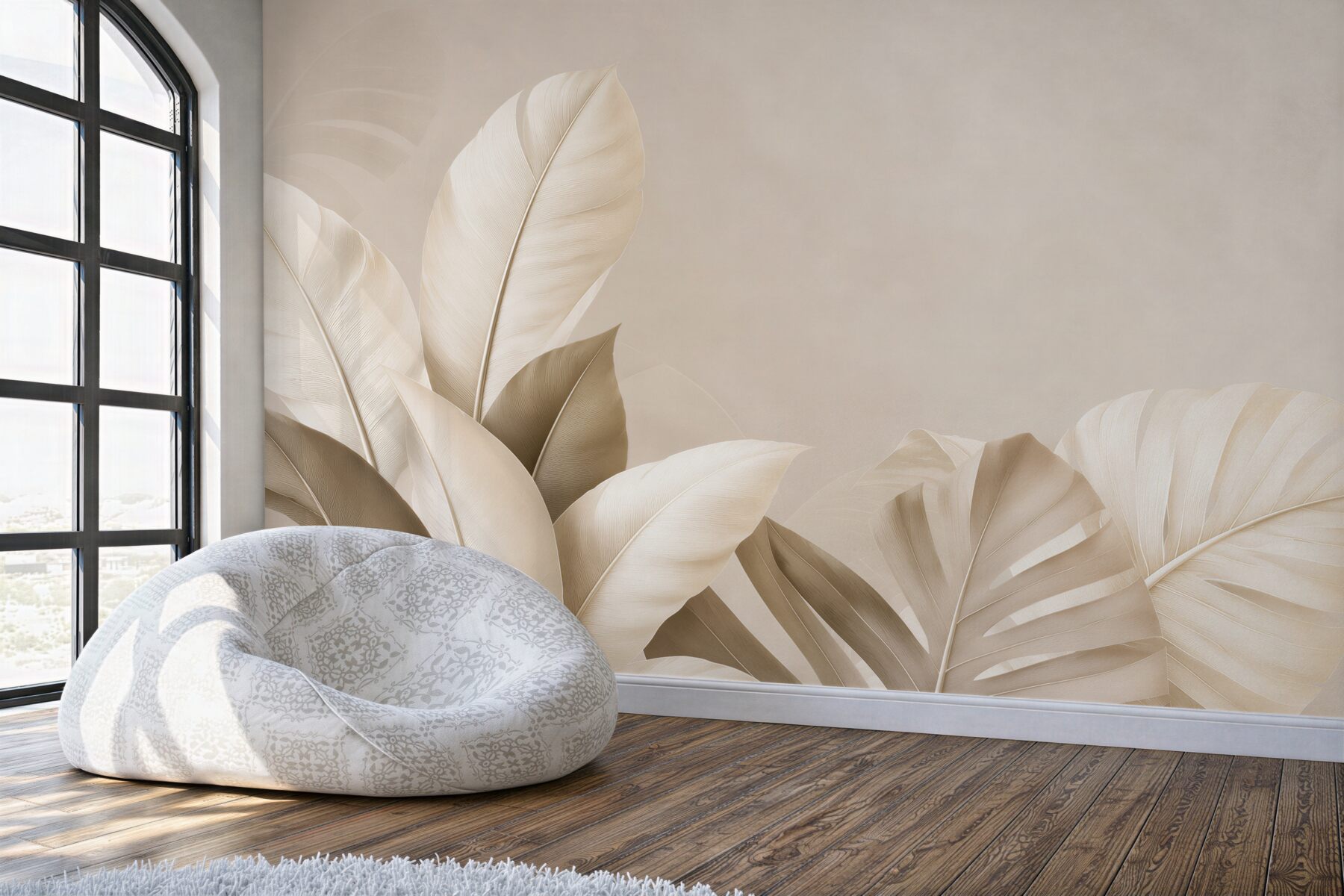 Papier peint feuilles tropicales beiges décoration botanique subtile