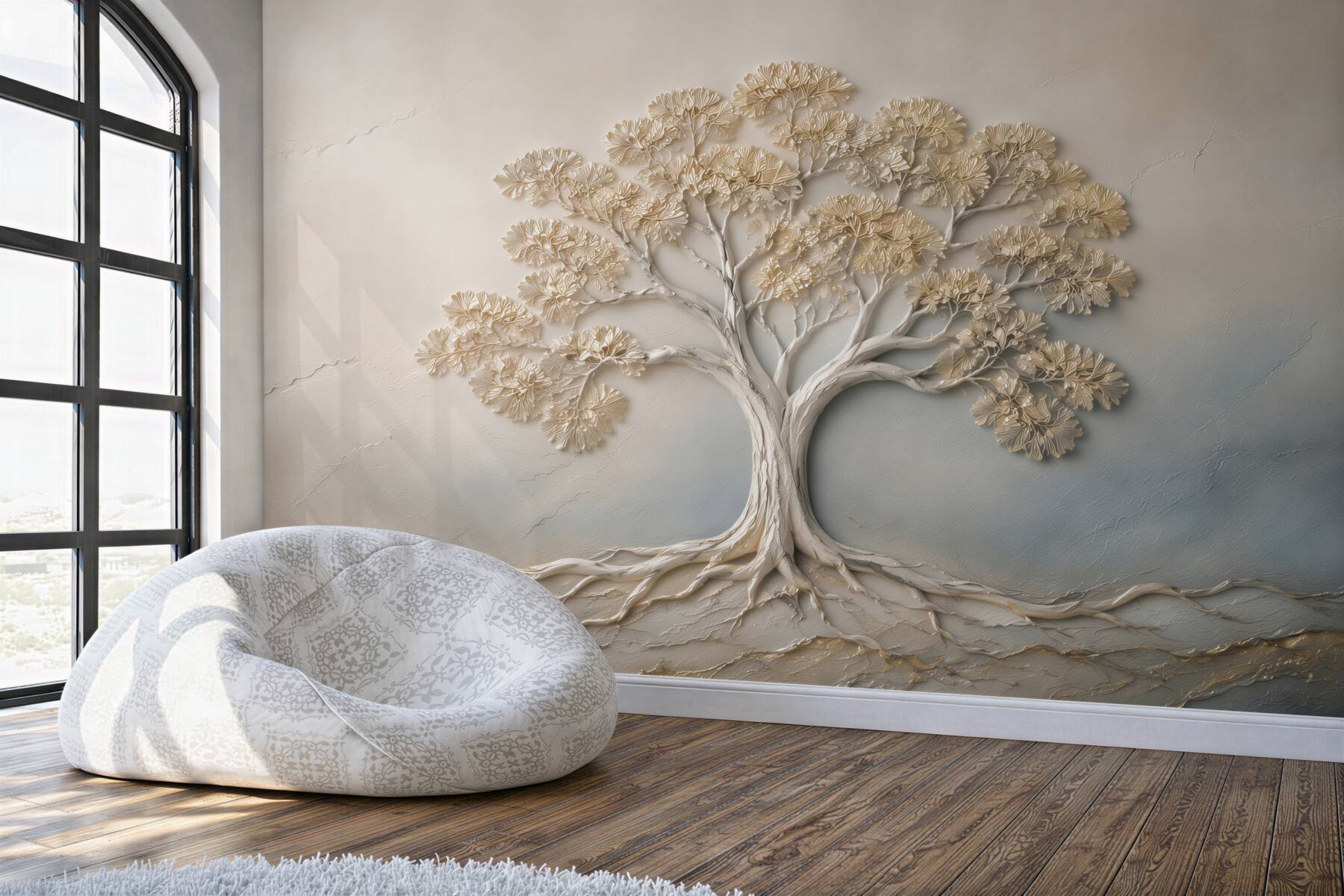 Papier peint arbre de vie en relief beige avec racines élégant