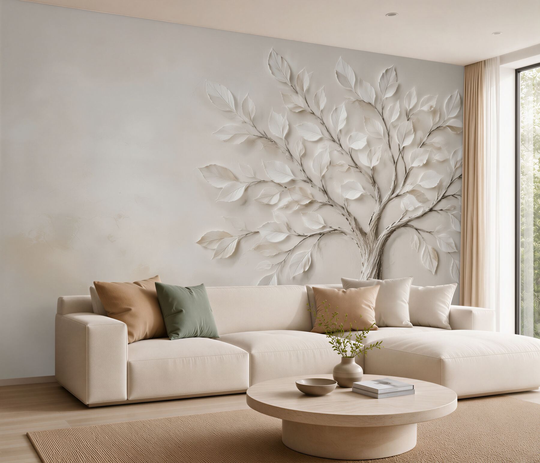 Papier peint arbre blanc avec des feuilles 3D sur fond crème minimaliste