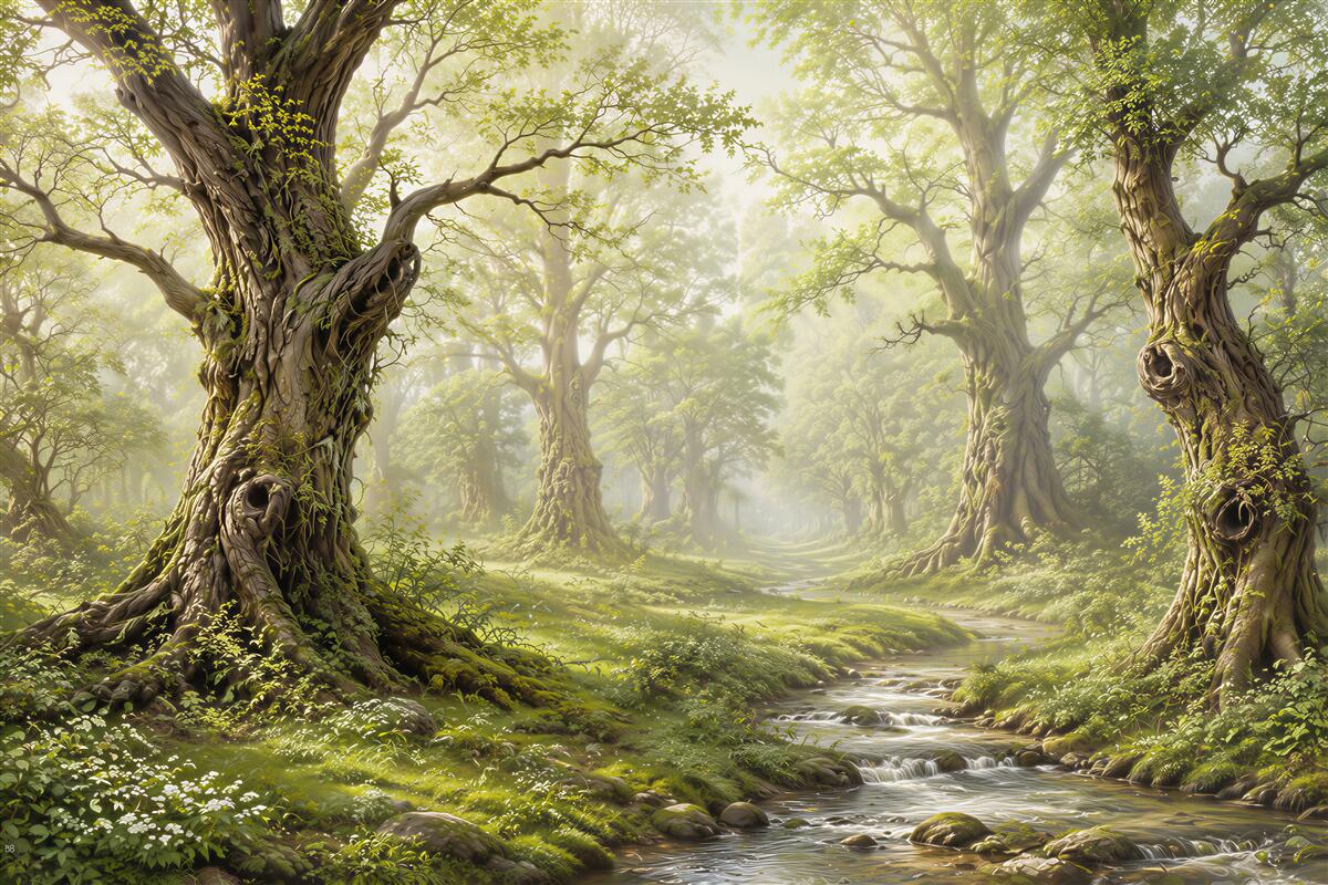 Papier peint forêt magique avec ruisseau paysage féerique