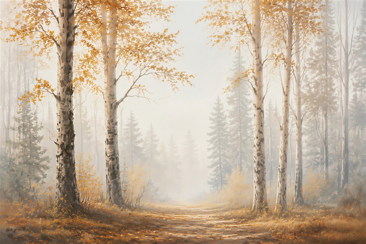 Papier peint forêt de bouleaux automnale dans la brume chemin forestier paisible