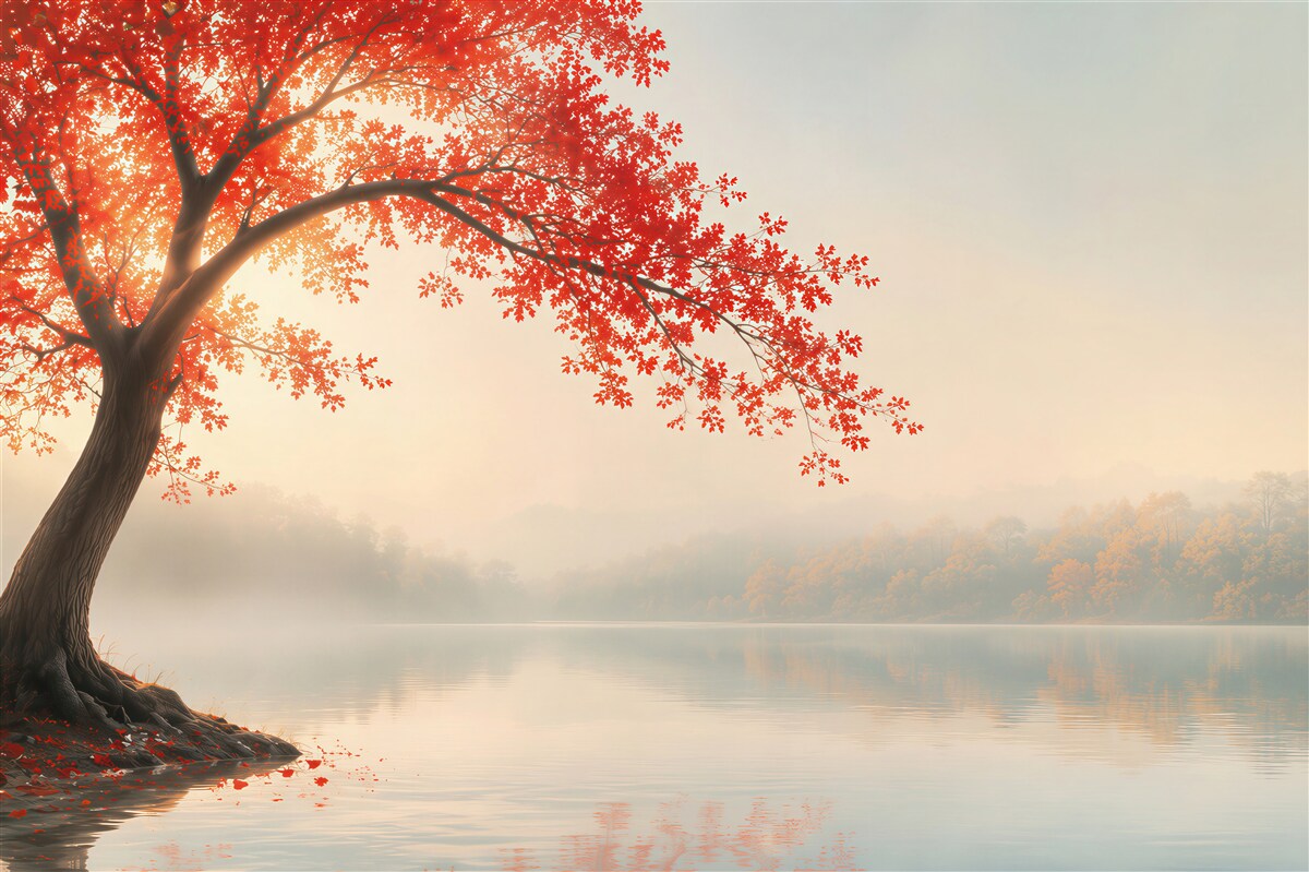Papier peint arbre rouge au bord du lac dans la brume paysage romantique
