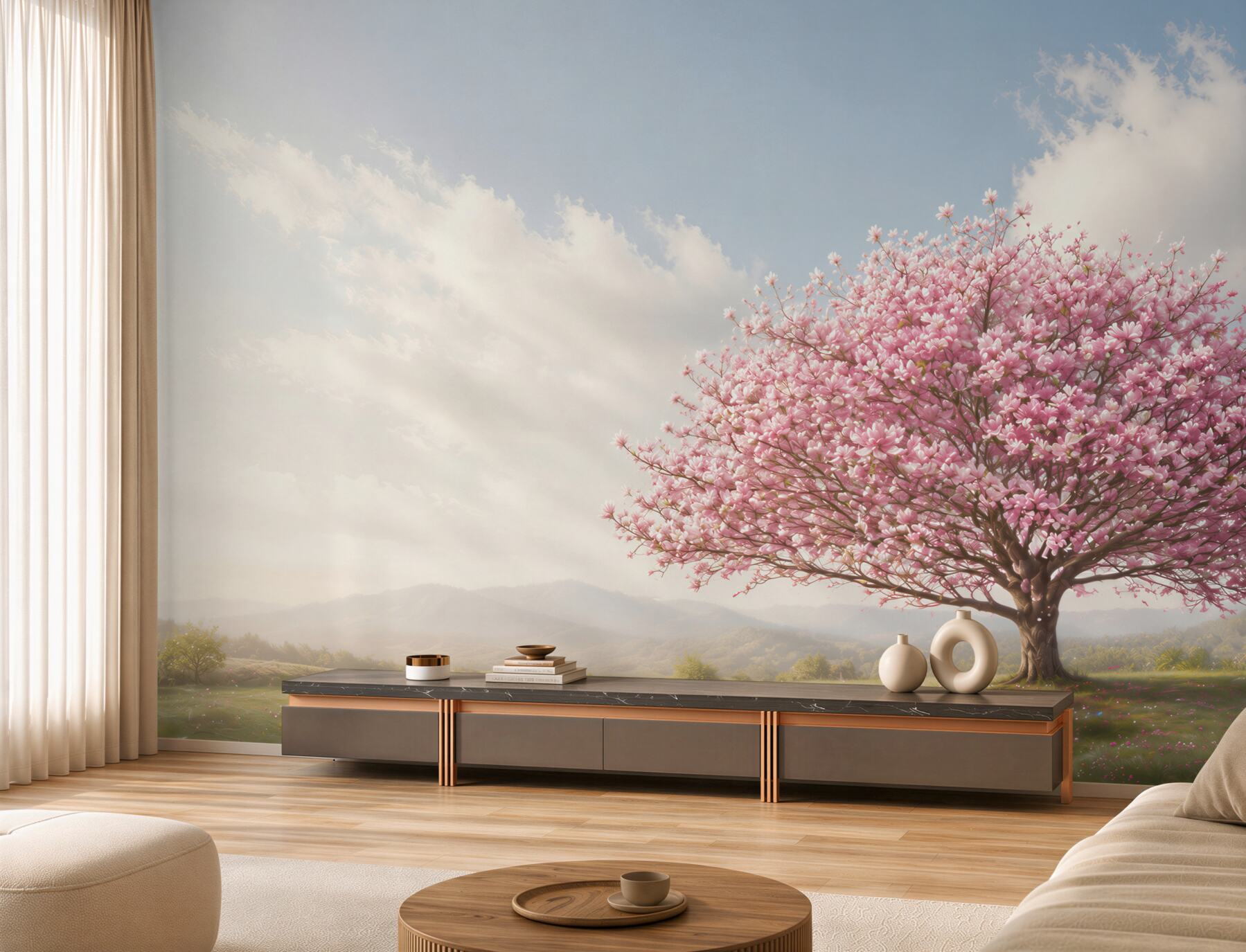 Papier peint arbre rose en fleurs sur la prairie paysage printanier