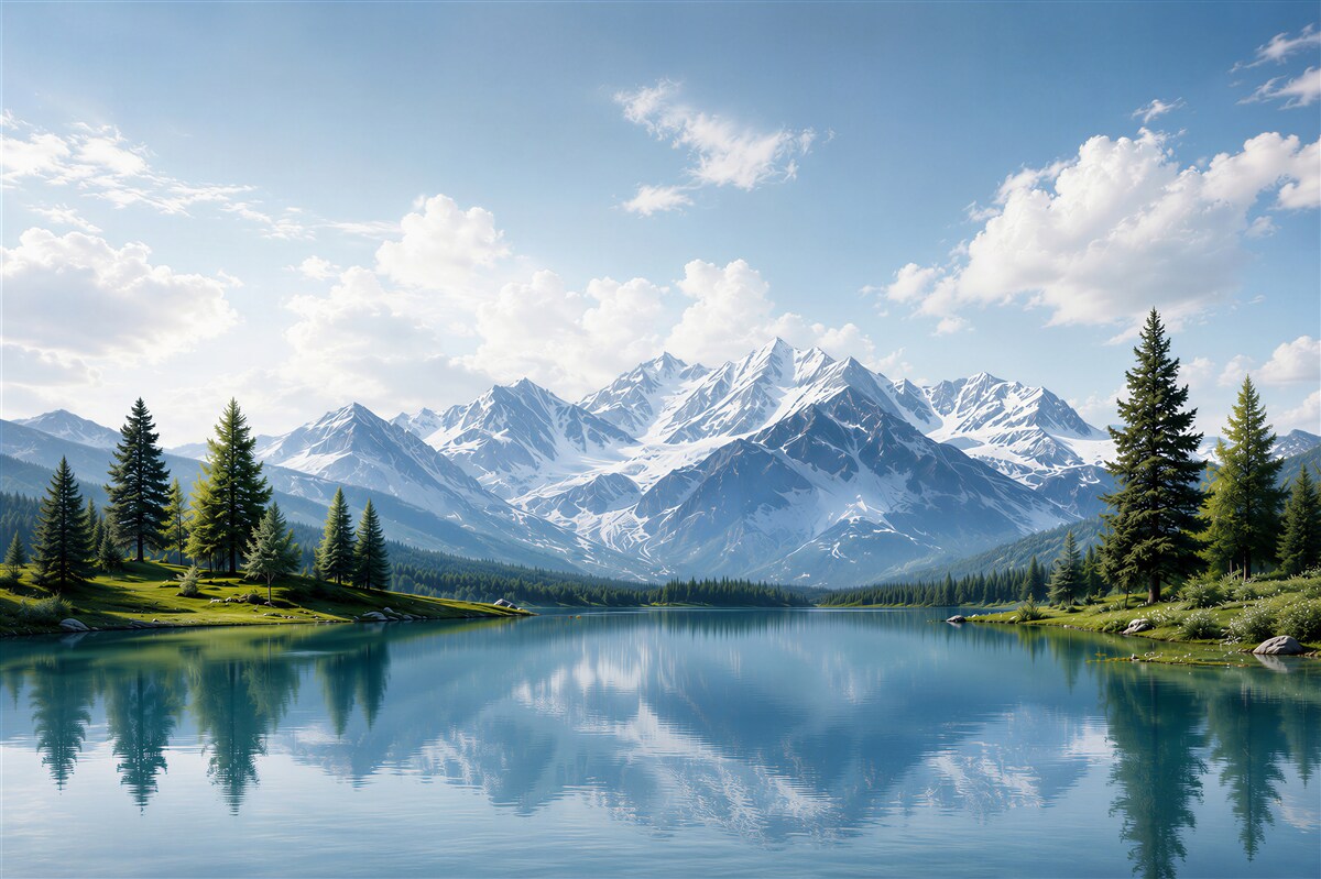 Papier peint lac et montagnes enneigées sous un ciel bleu