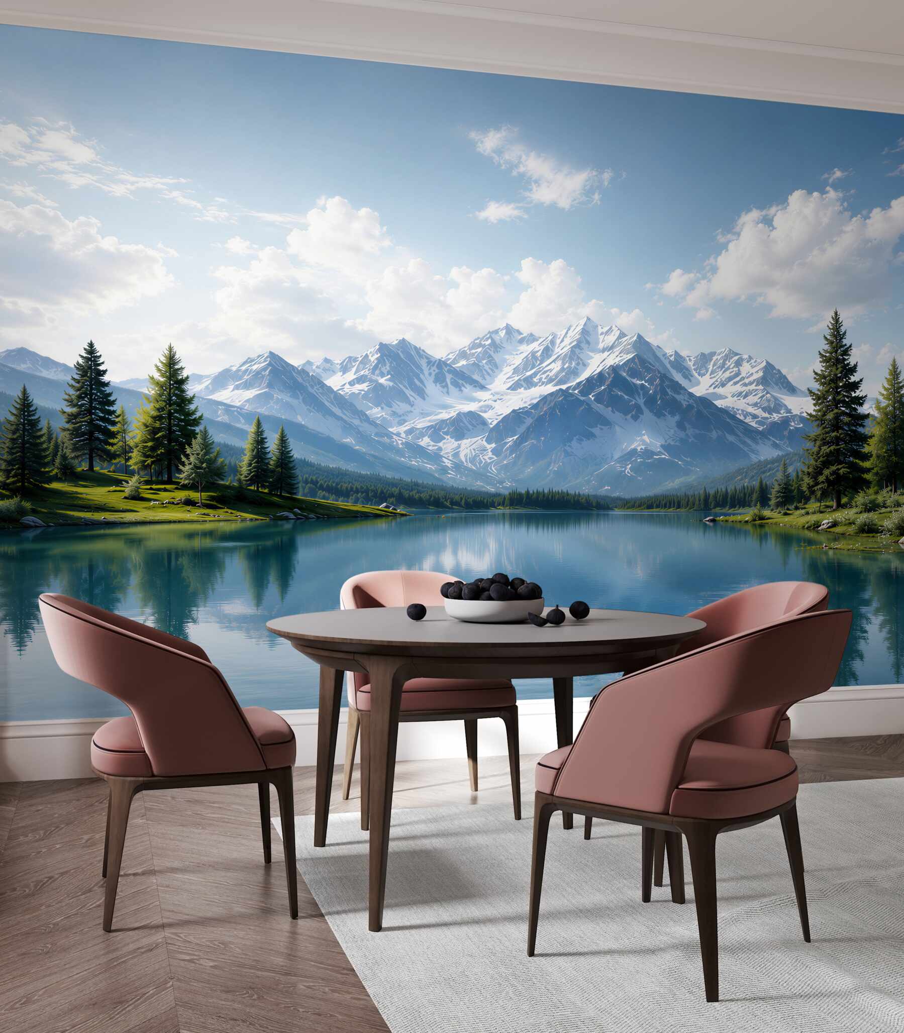 Papier peint lac et montagnes enneigées sous un ciel bleu
