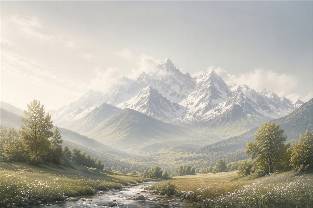 Papier peint vallée de montagne avec ruisseau et sommets enneigés