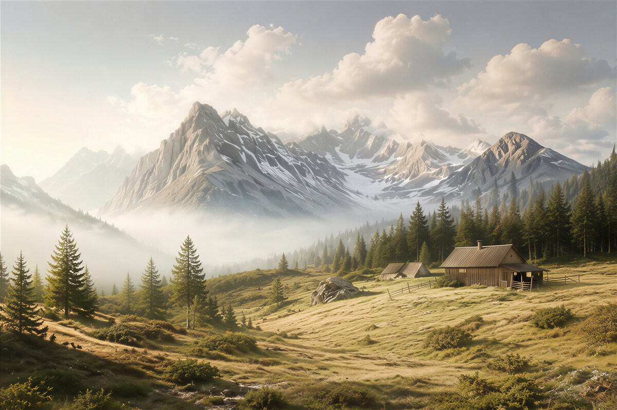 Papier peint chalets de montagne dans la vallée avec des sapins et de la brume