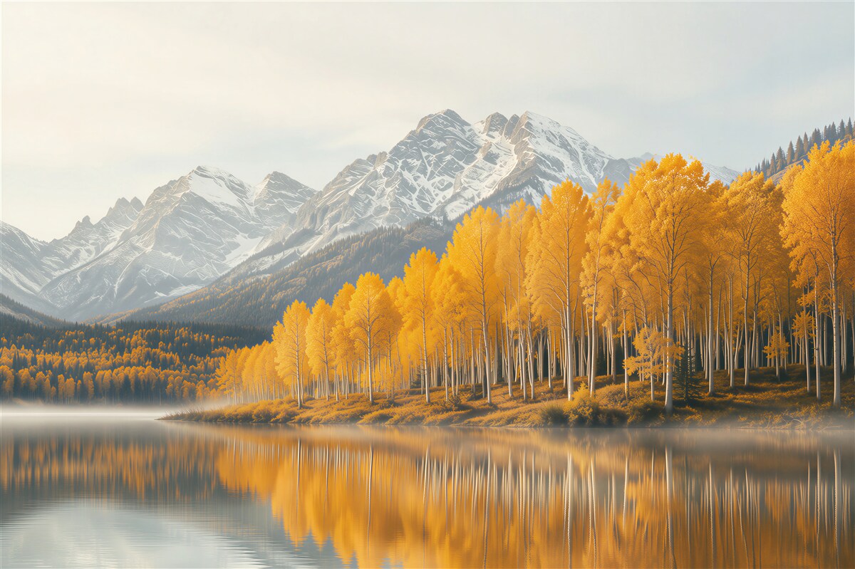 Papier peint forêt d'automne dorée au bord d'un lac avec vue sur les montagnes