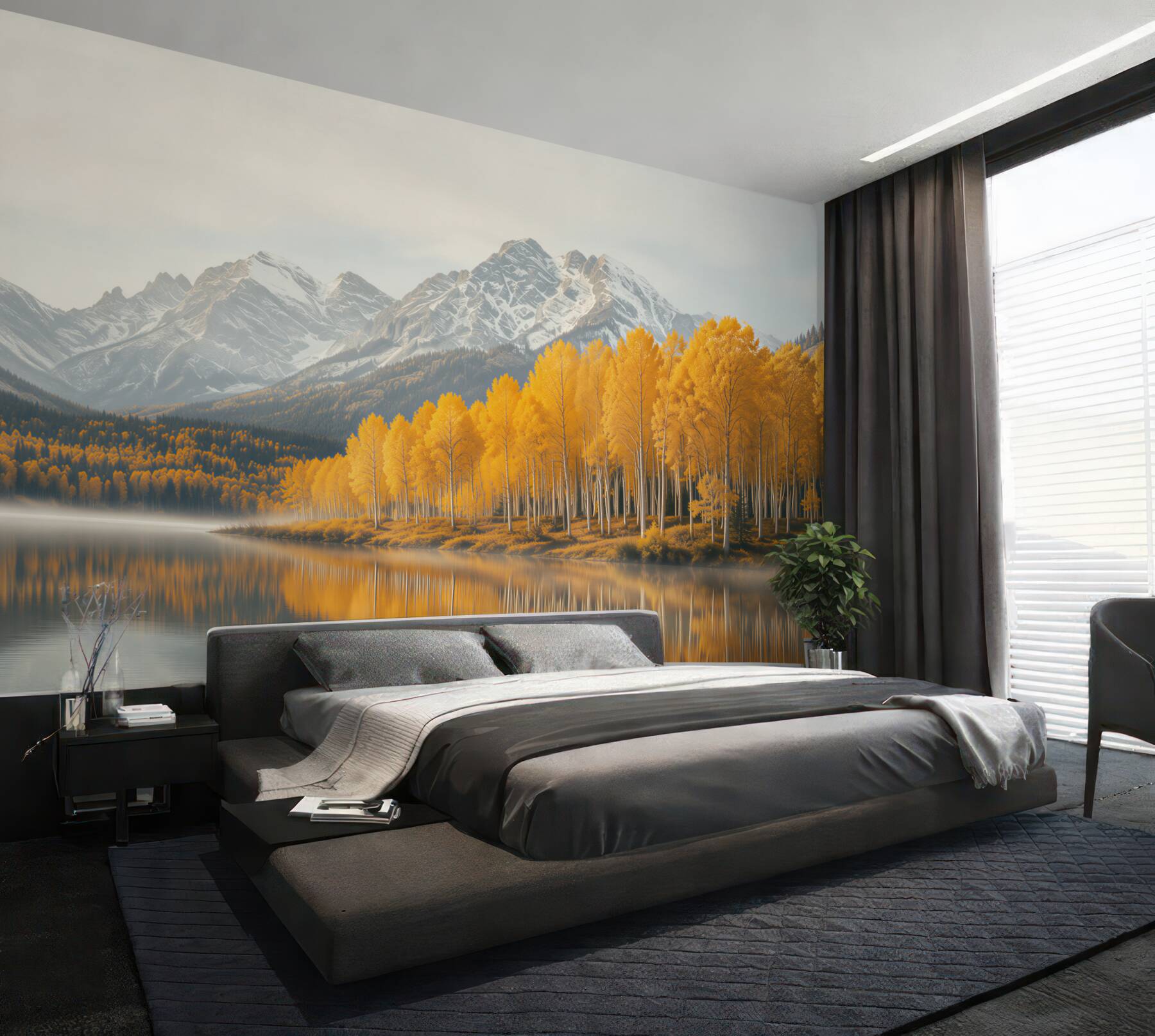 Papier peint forêt d'automne dorée au bord d'un lac avec vue sur les montagnes