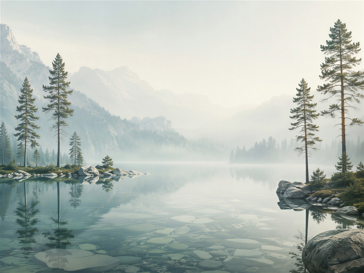 Papier peint lac de montagne paisible avec des pins dans le brouillard