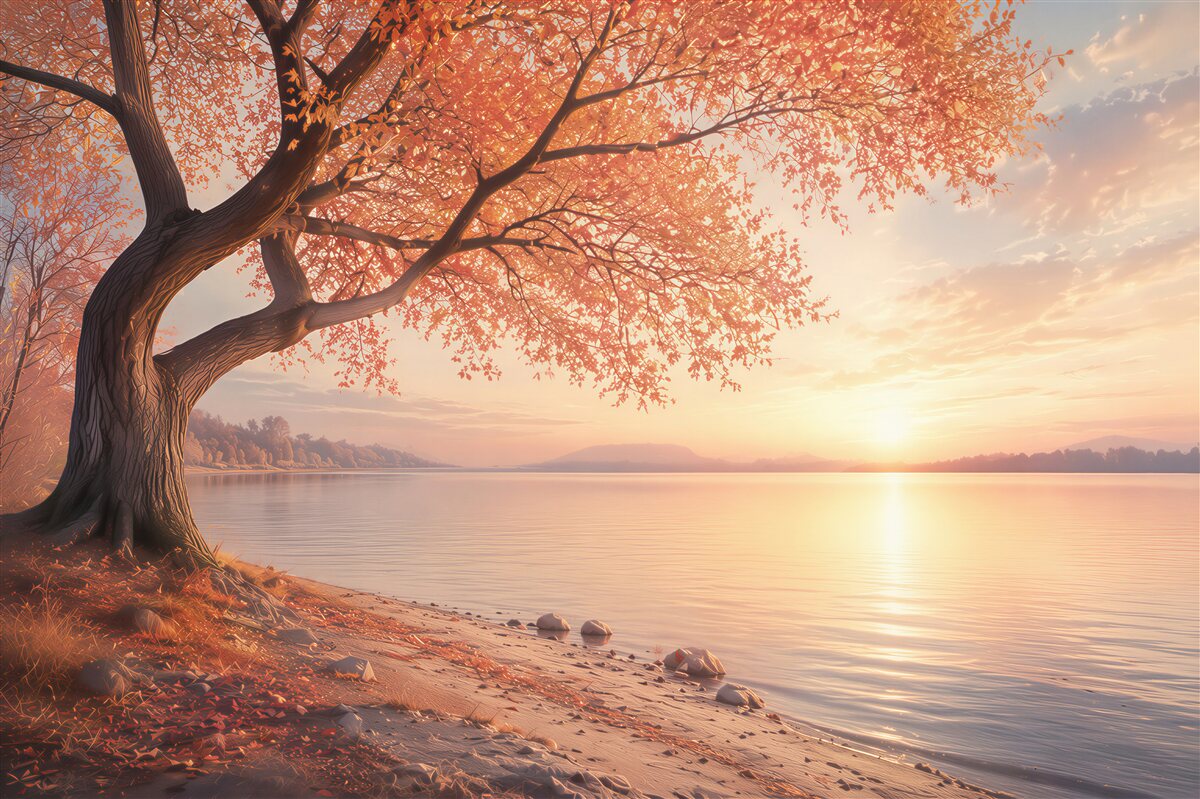 Papier peint arbre au bord du lac au coucher du soleil paysage chaud