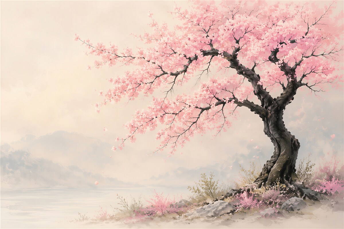 Papier peint cerisier en fleurs au bord du lac rose romantique