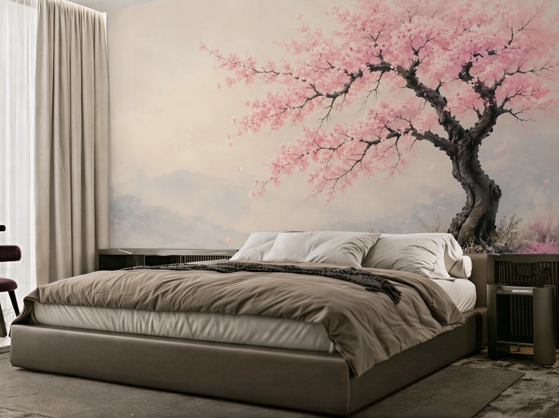 Papier peint cerisier en fleurs au bord du lac rose romantique