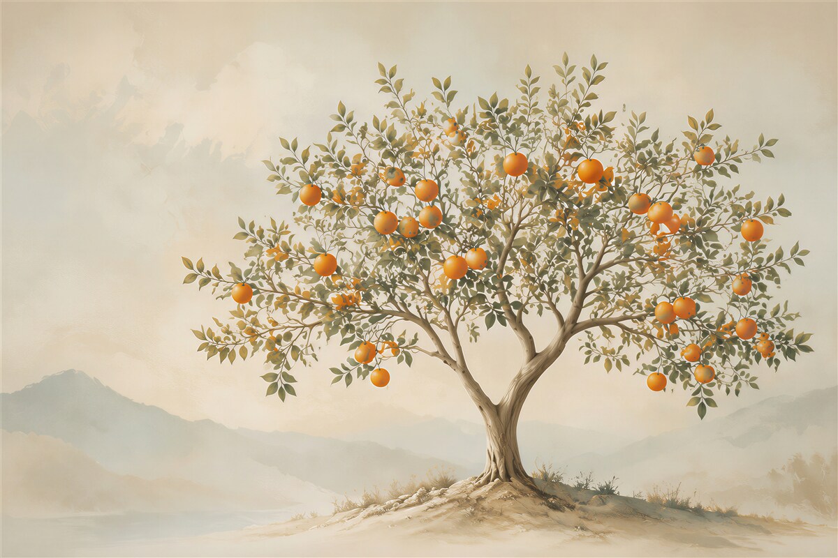 Papier peint arbre orange dans un paysage pastel