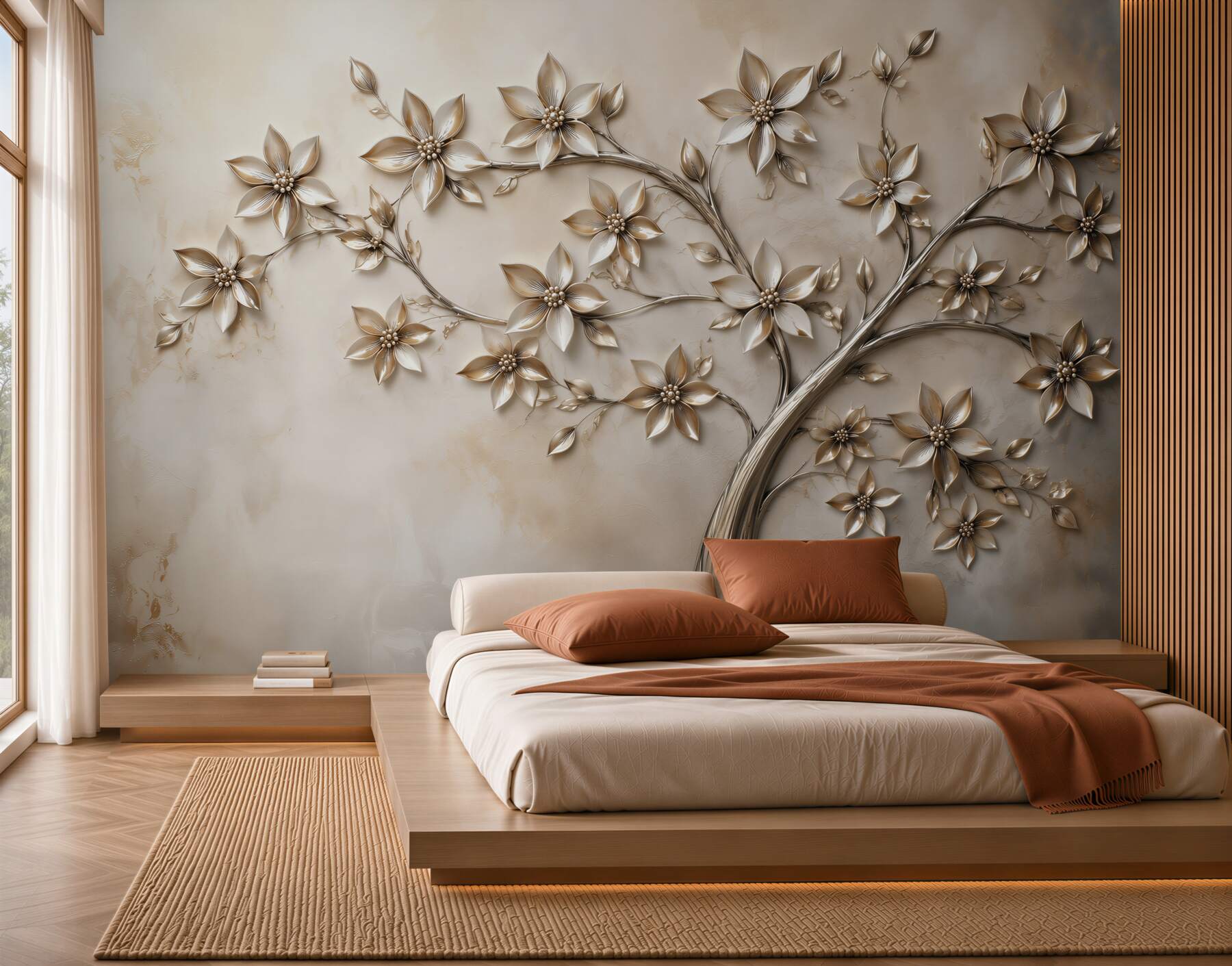Papier peint fleurs dorées sur les branches décoration beige élégante