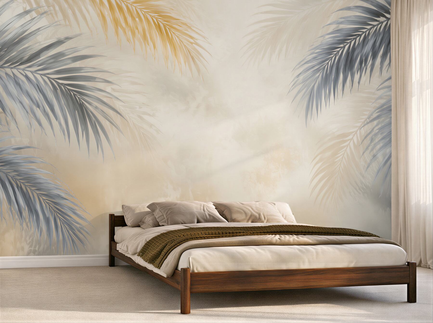 Papier peint feuilles de palmier grises sur fond beige style moderne tropical