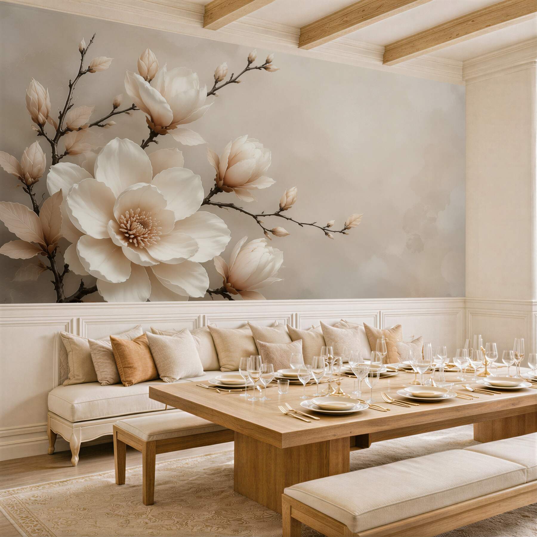 Papier peint magnolia crème sur les branches élégance subtile pour la chambre