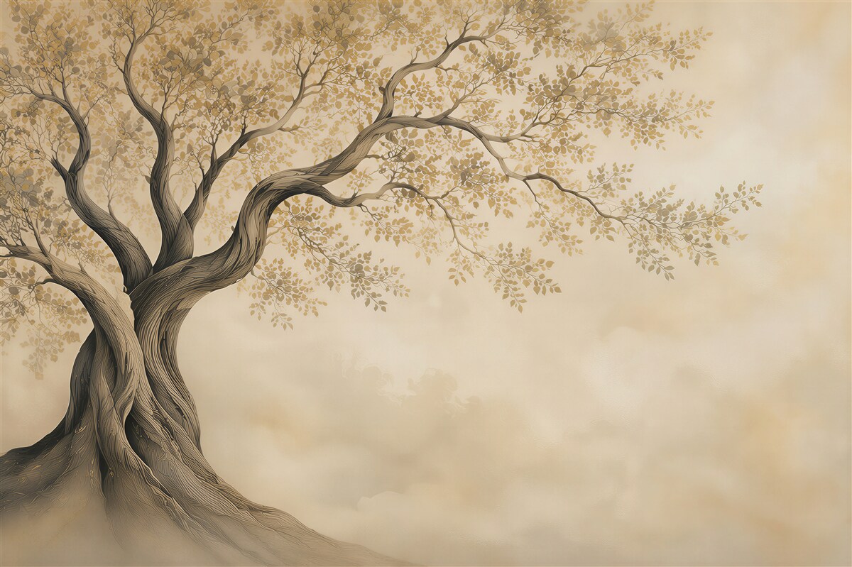 Papier peint arbre stylisé avec de petites feuilles beige minimaliste