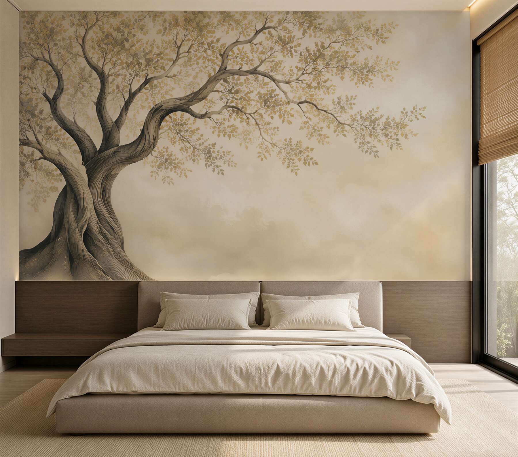 Papier peint arbre stylisé avec de petites feuilles beige minimaliste