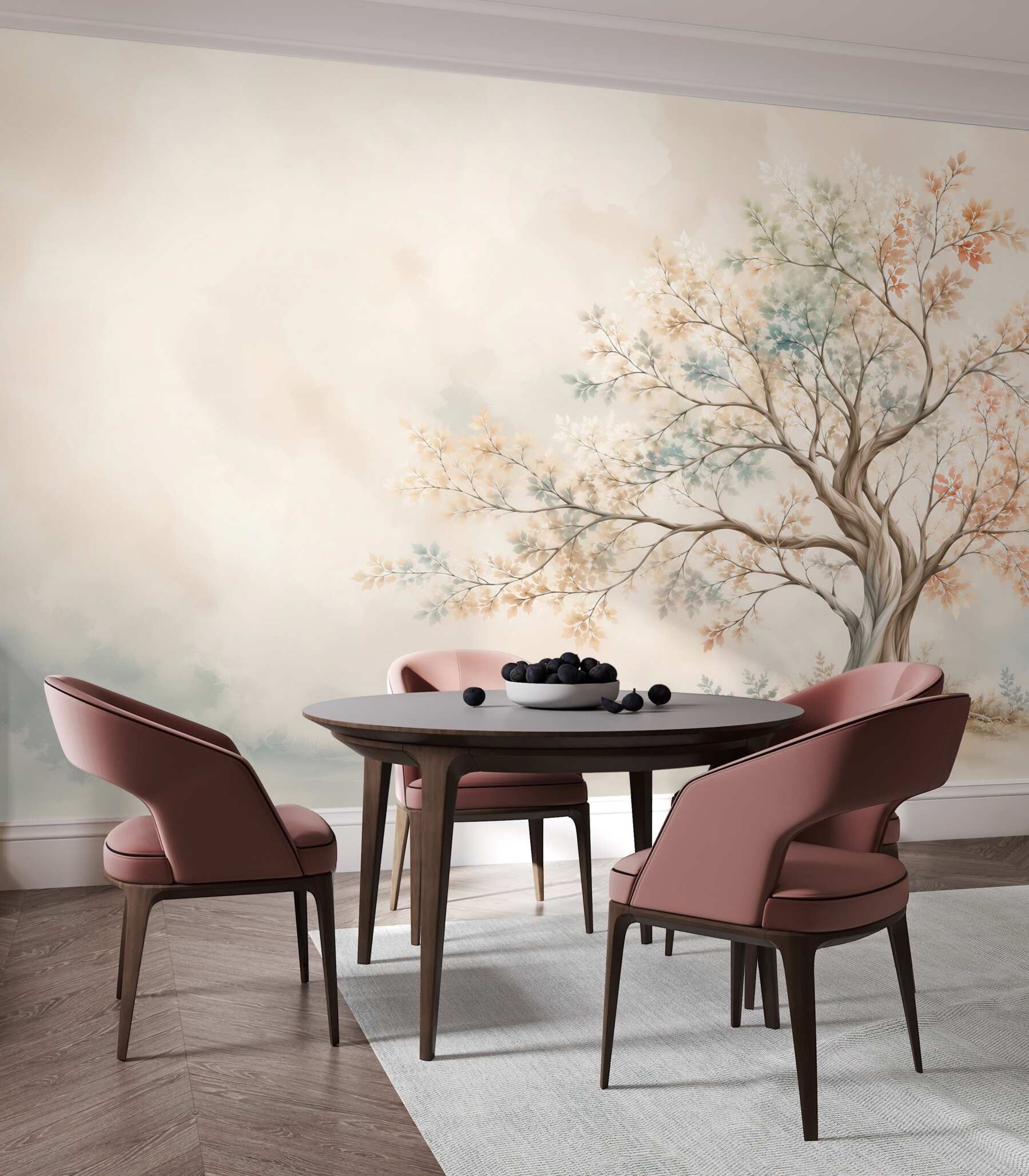 Papier peint arbre pastel avec des feuilles délicates dans des beiges subtils