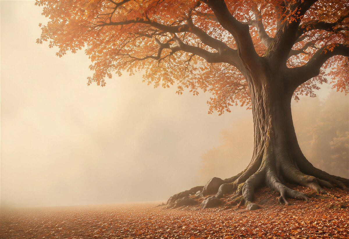Papier peint arbre d'automne avec des feuilles orange dans une brume chaude