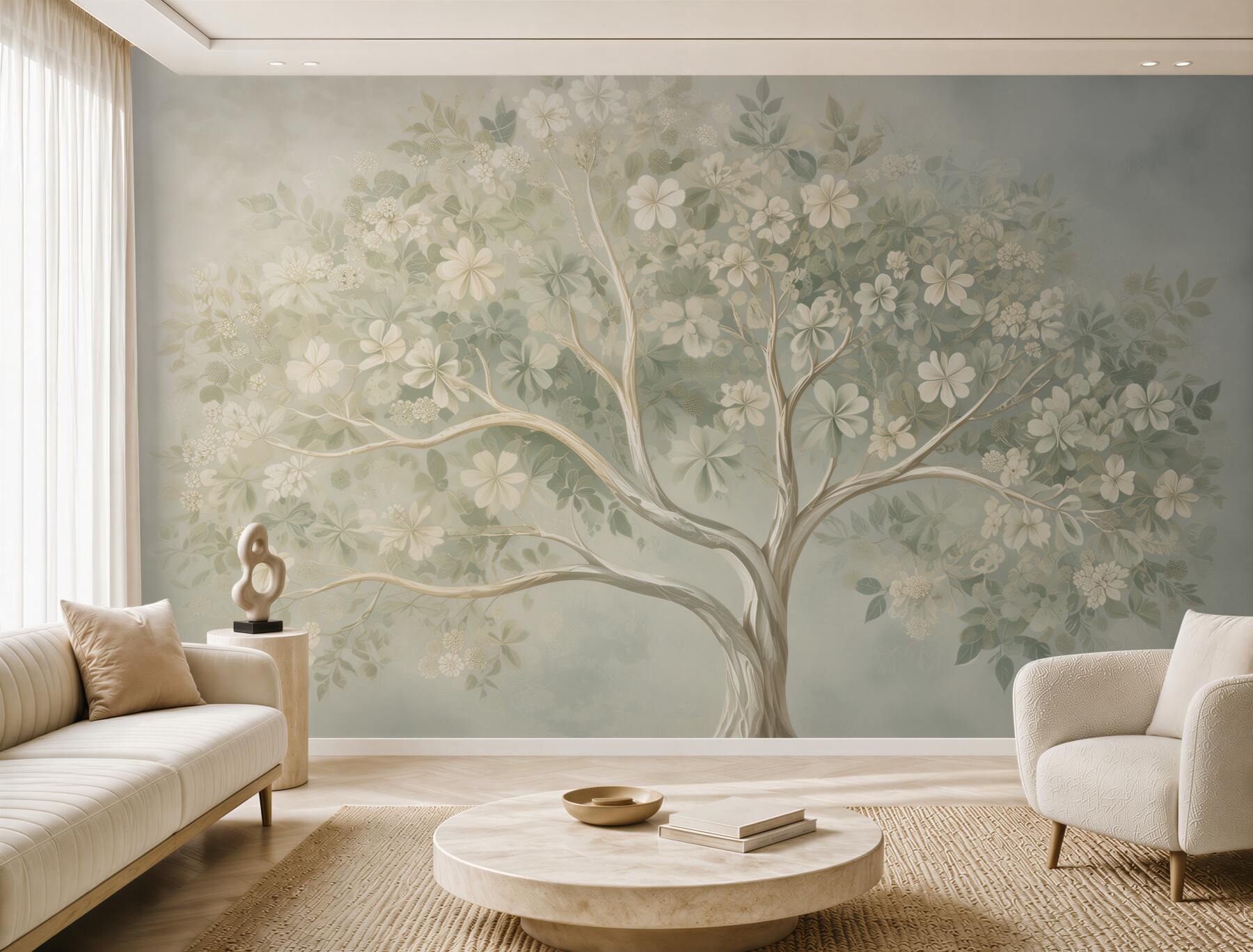 Papier peint arbre avec des fleurs dans un style vintage vert beige