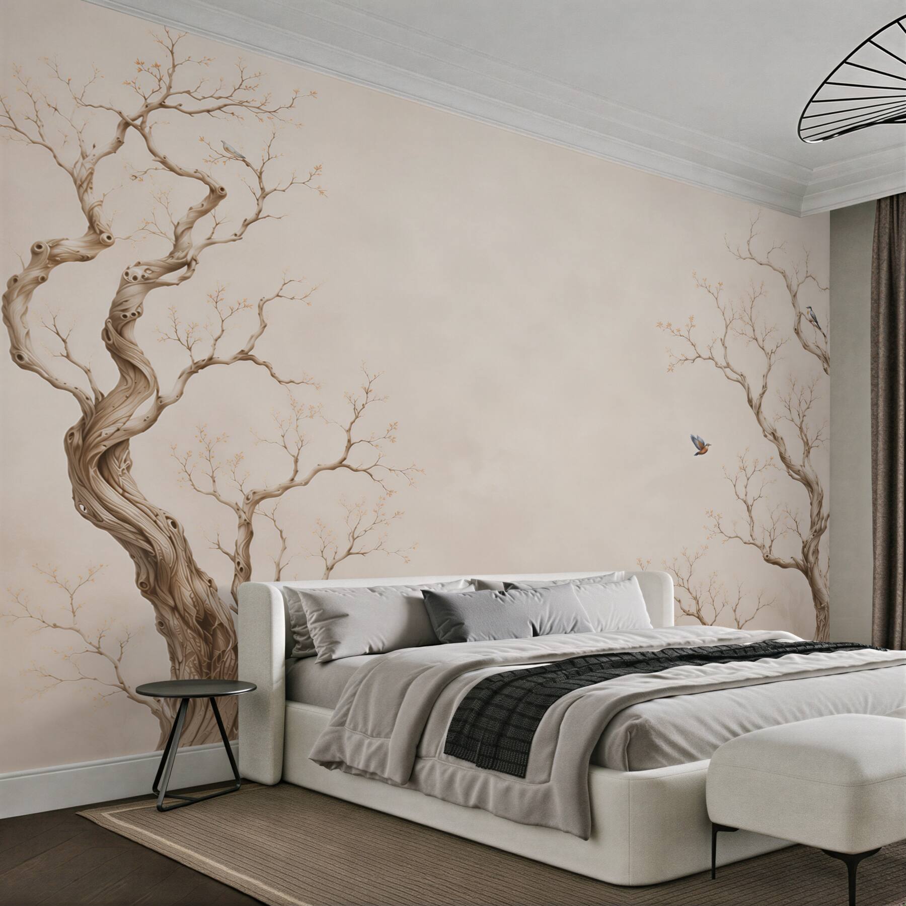 Papier peint arbres nus avec des oiseaux beige minimaliste