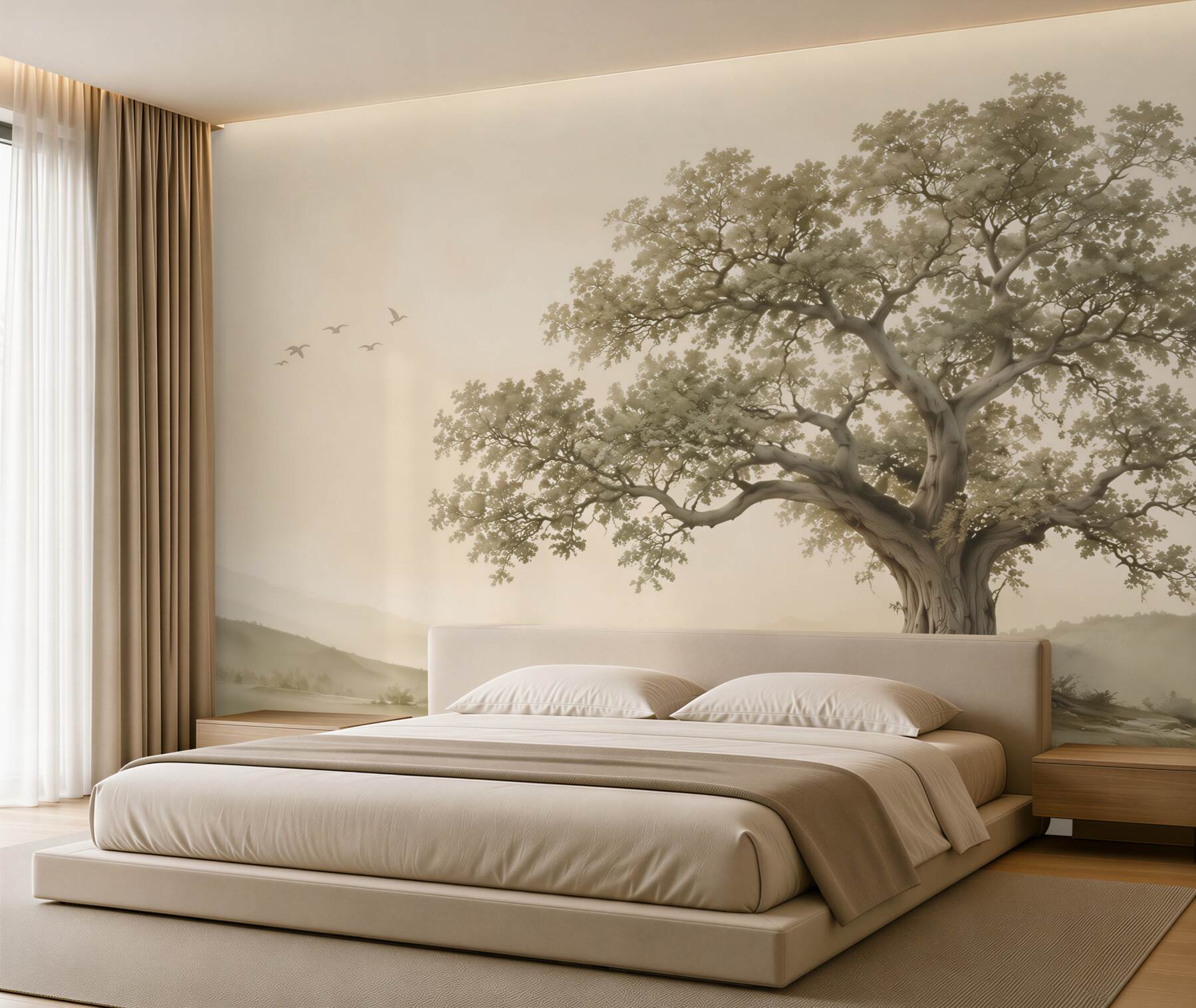 Papier peint vieil arbre sur une colline dans un paysage beige paisible