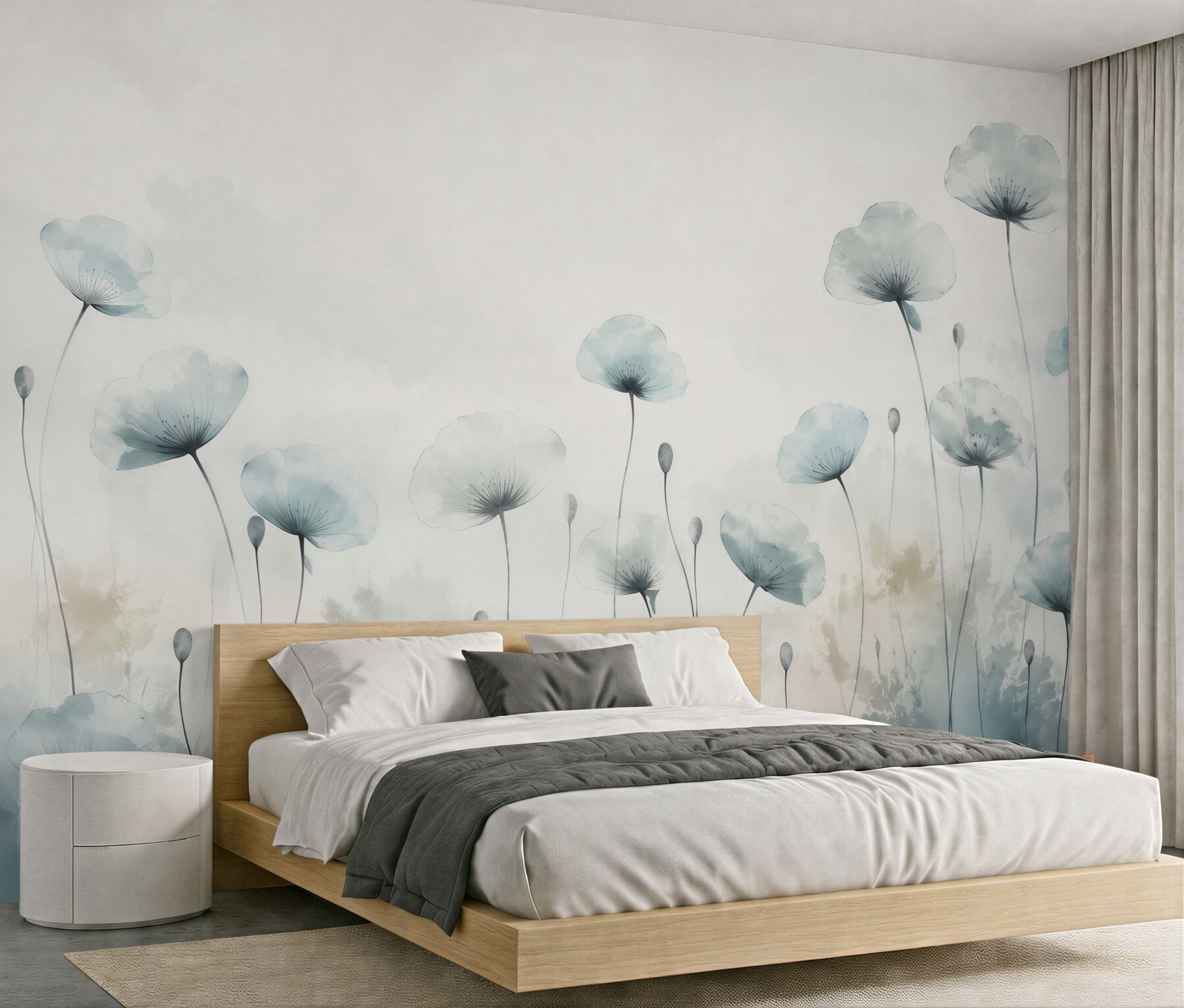 Papier peint coquelicots bleus fleurs délicates dans la brume pastel