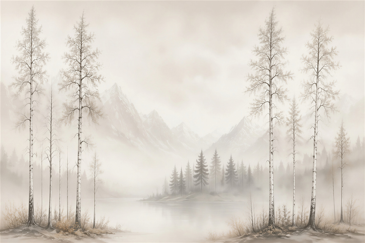 Papier peint paysage brumeux avec des bouleaux et des montagnes au bord du lac