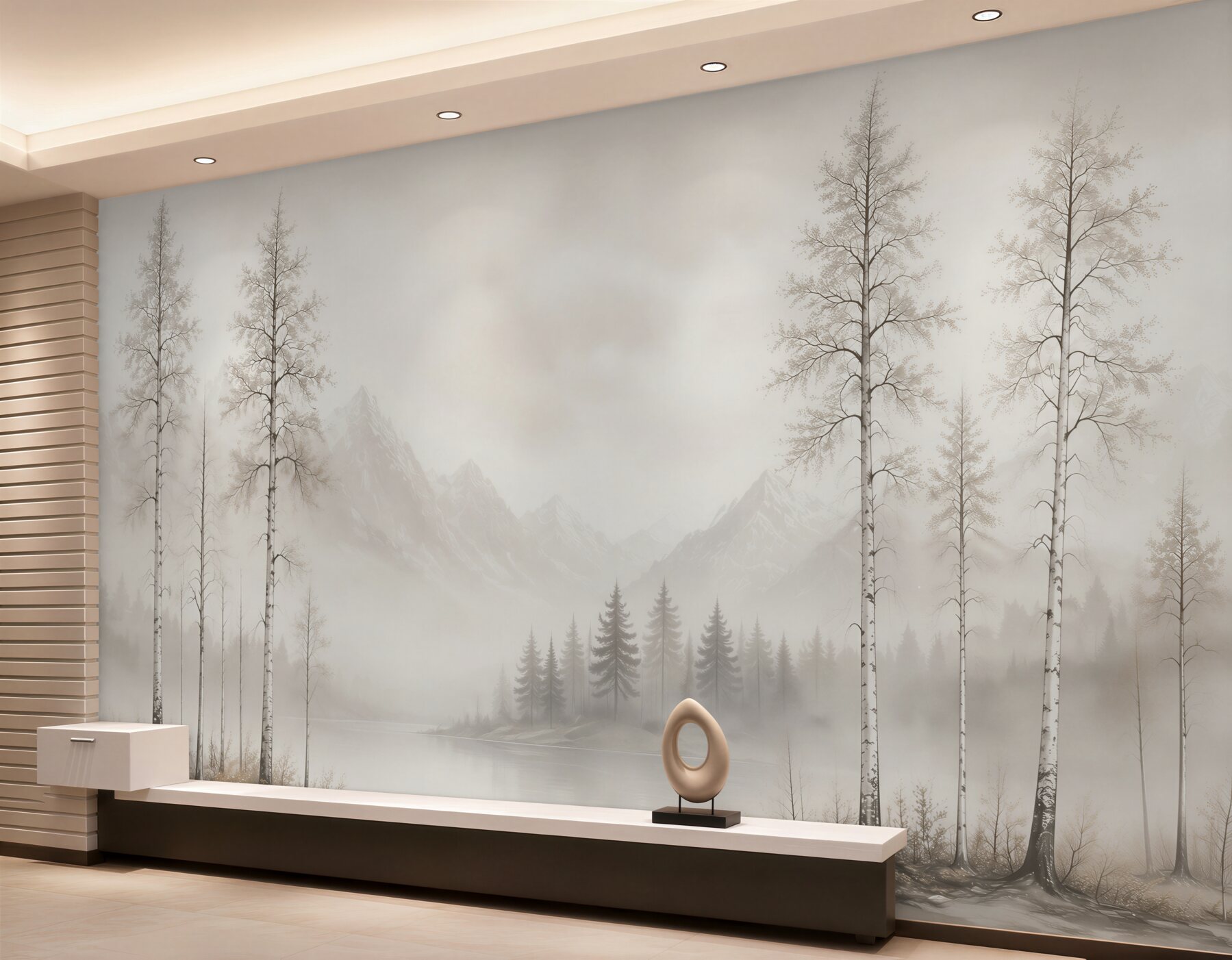 Papier peint paysage brumeux avec des bouleaux et des montagnes au bord du lac