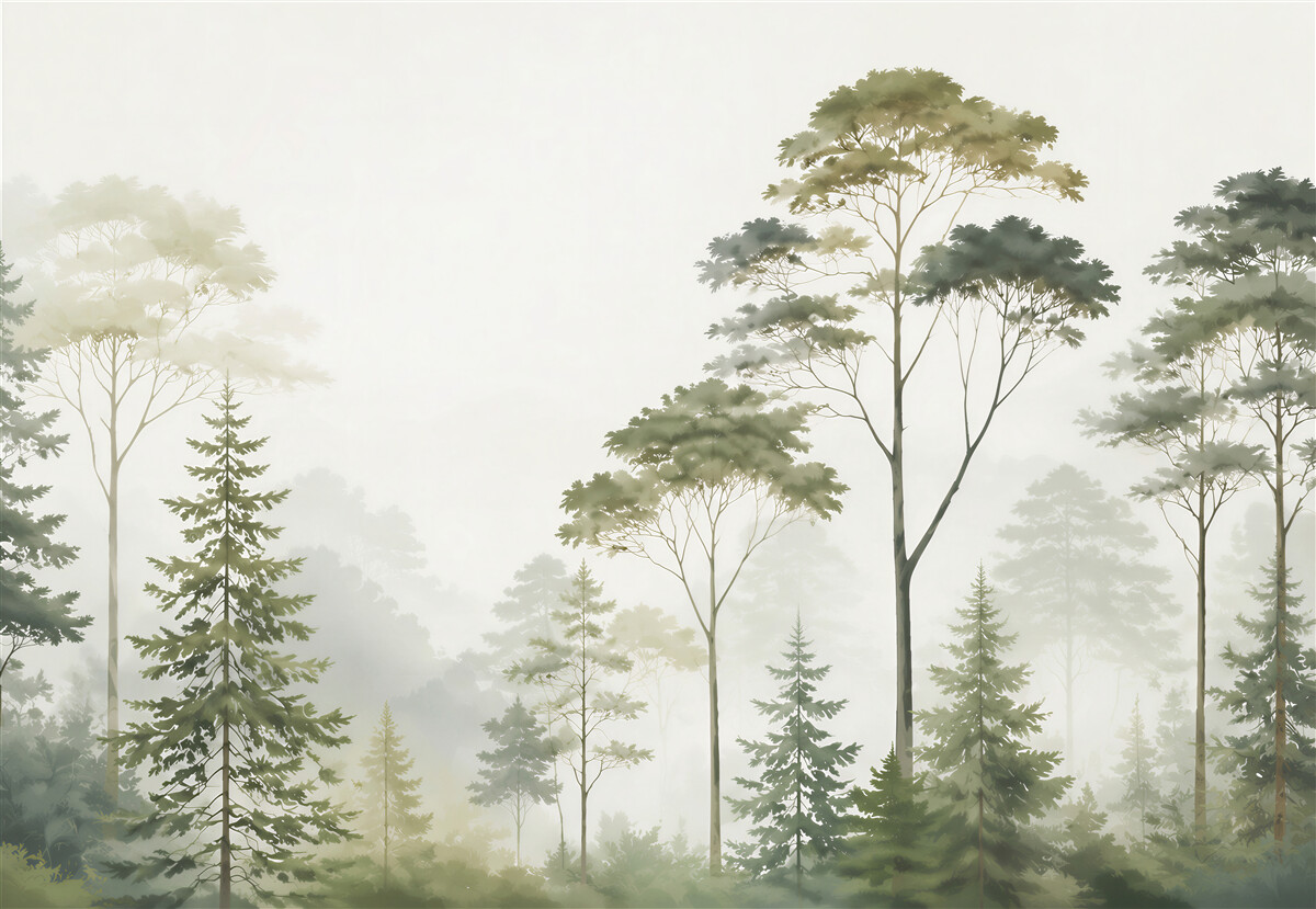 Papier peint forêt verte dans la brume dans un style naturel apaisant