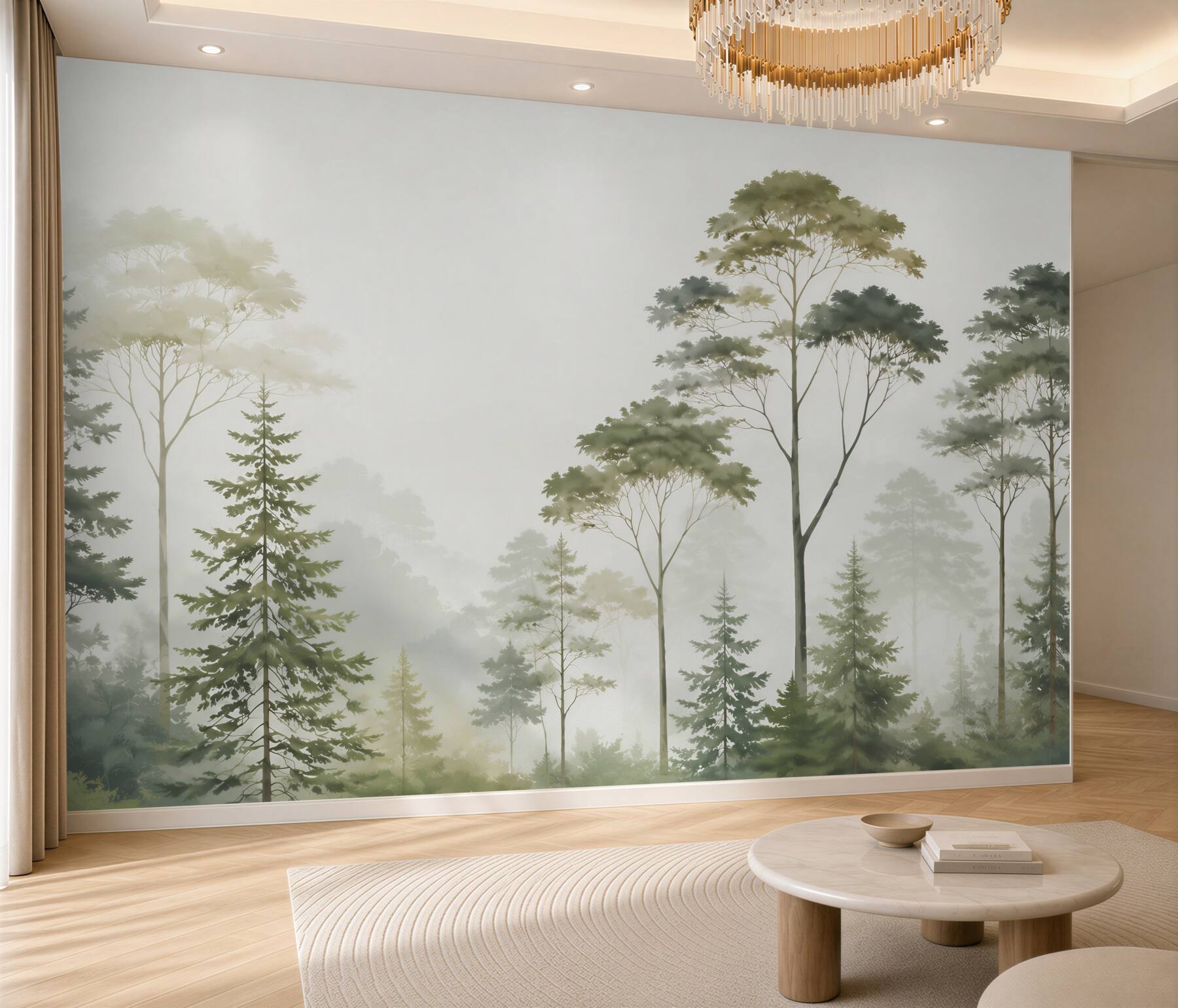 Papier peint forêt verte dans la brume dans un style naturel apaisant