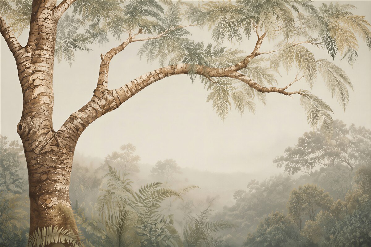 Papier peint arbre tropical au-dessus de la jungle brumeuse en beiges