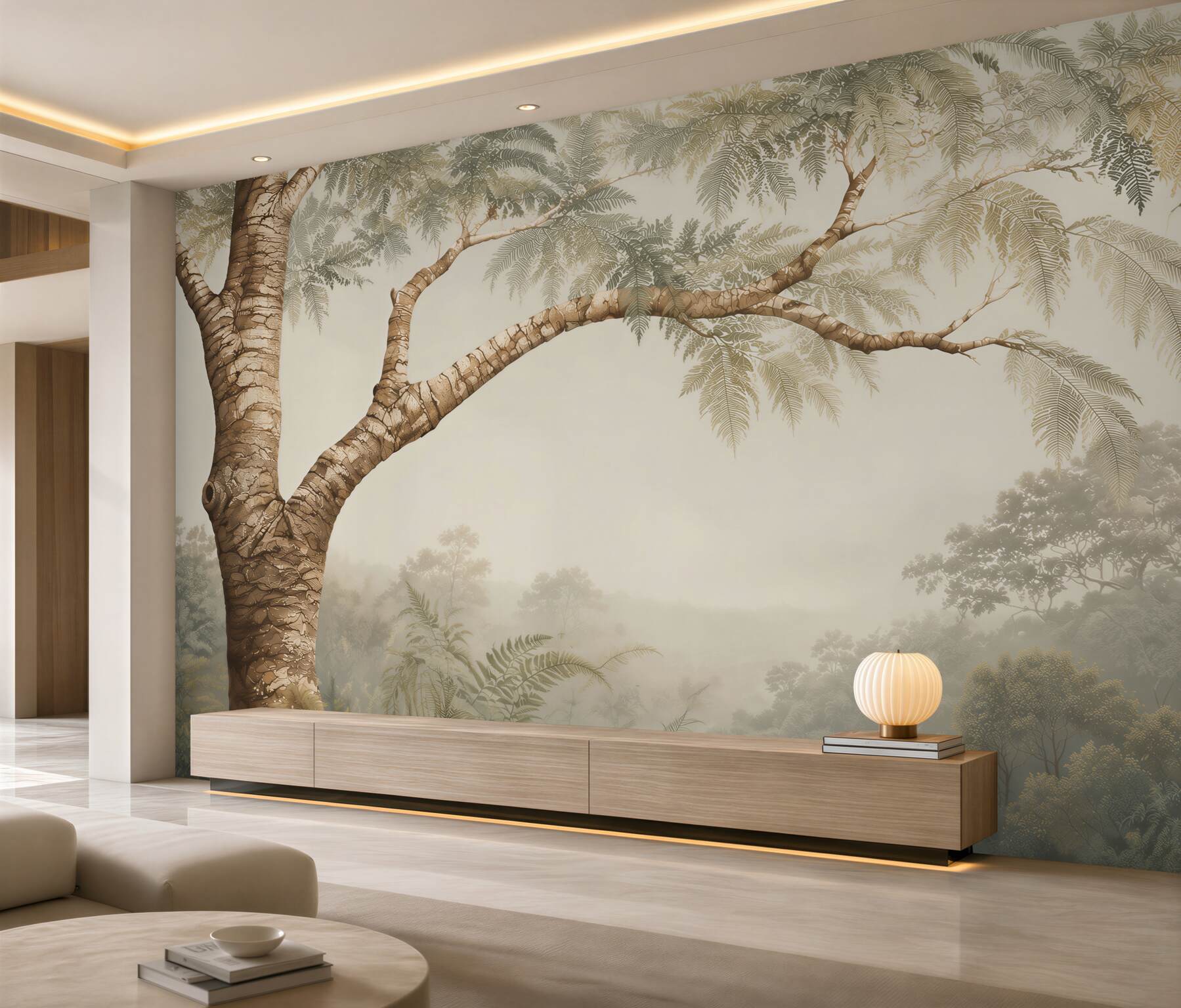 Papier peint arbre tropical au-dessus de la jungle brumeuse en beiges