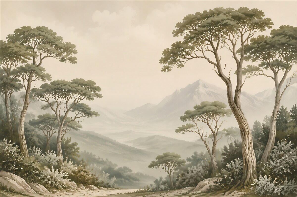 Papier peint paysage montagneux avec de grands arbres dans la brume beige