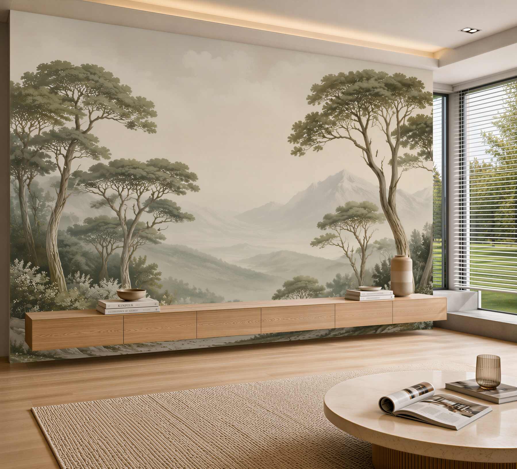 Papier peint paysage montagneux avec de grands arbres dans la brume beige