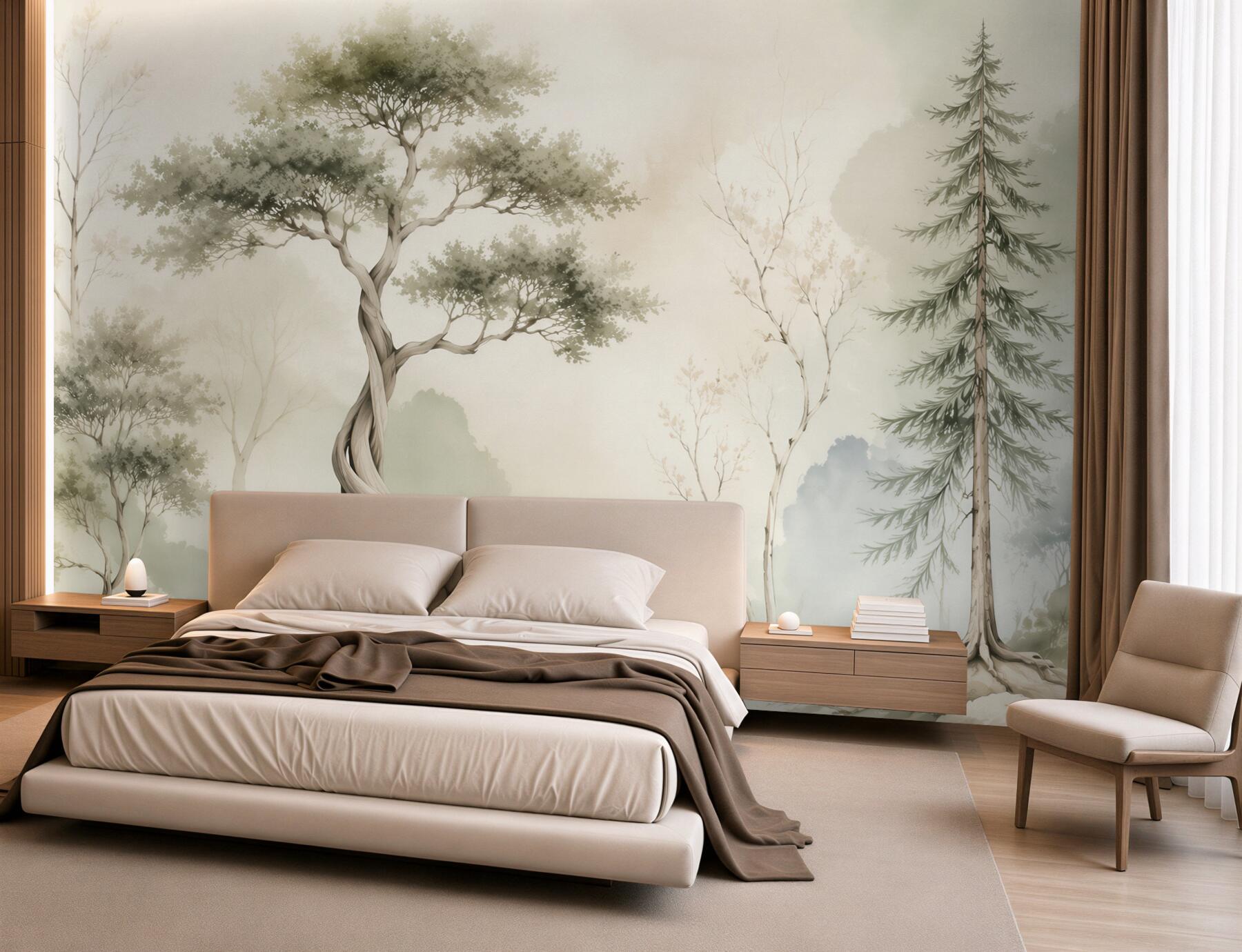 Papier peint arbres fantaisistes dans un décor forestier brumeux pastel