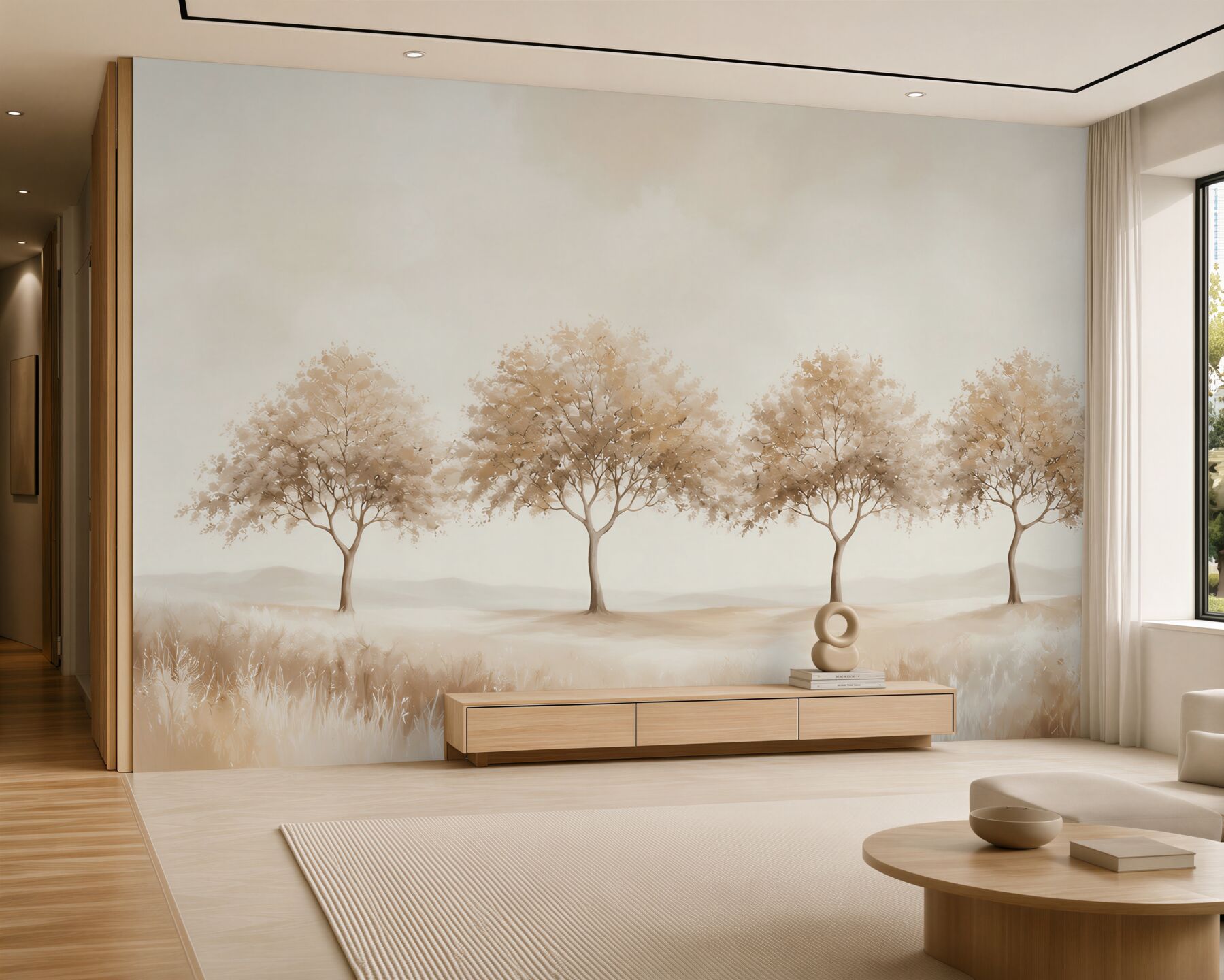 Papier peint rangée d'arbres clairs sur une prairie minimaliste beige