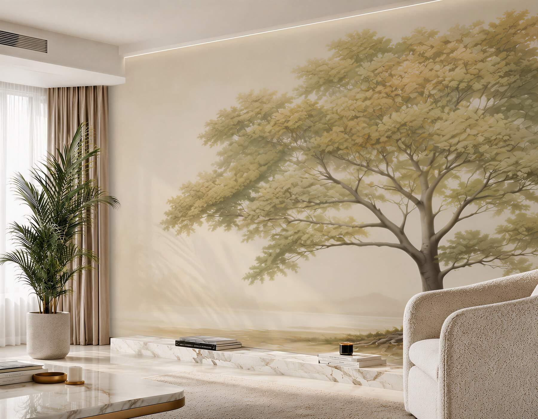 Papier peint grand arbre dans la brume beige paysage paisible