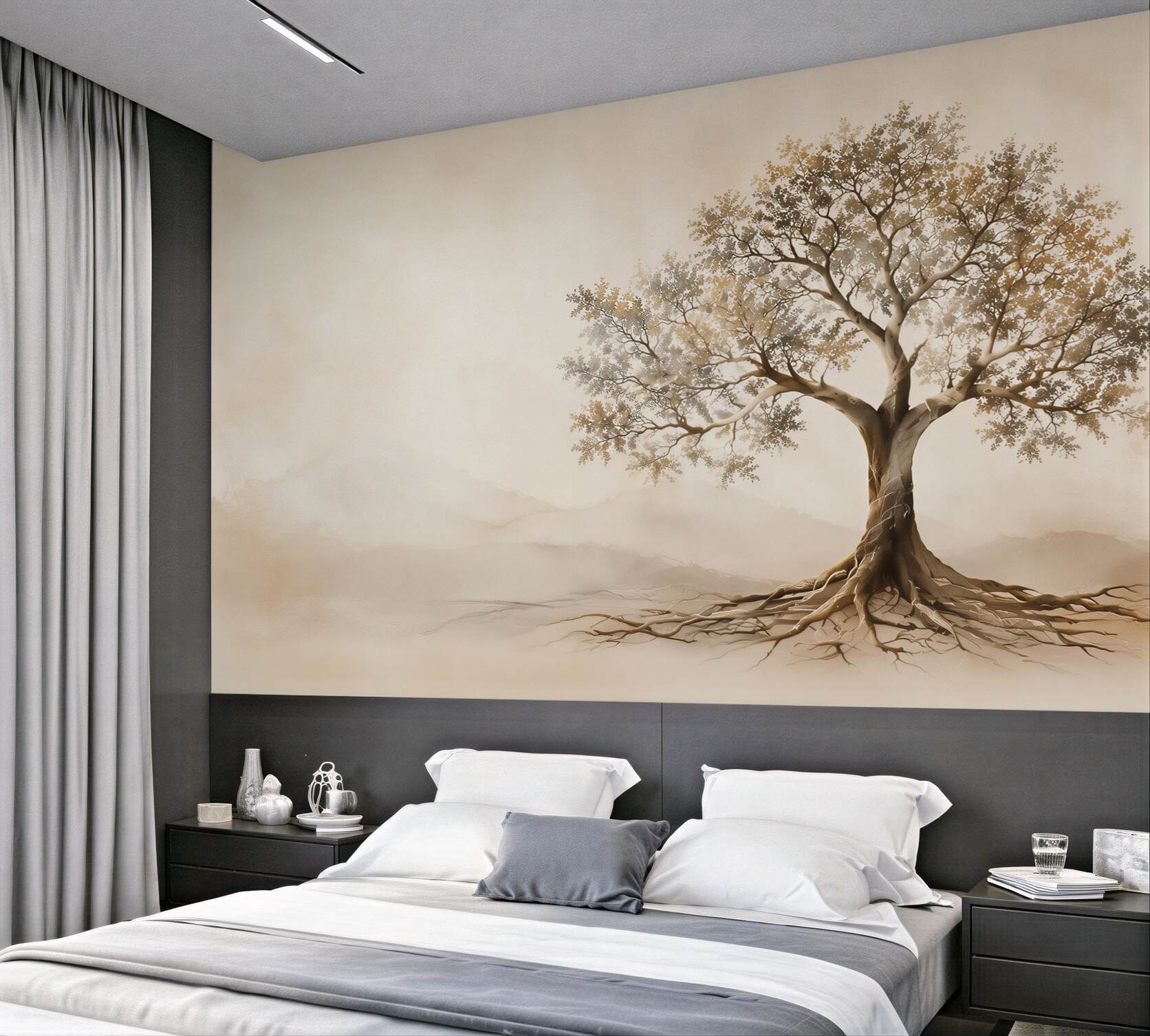 Papier peint arbre avec des racines étendues dans un paysage beige
