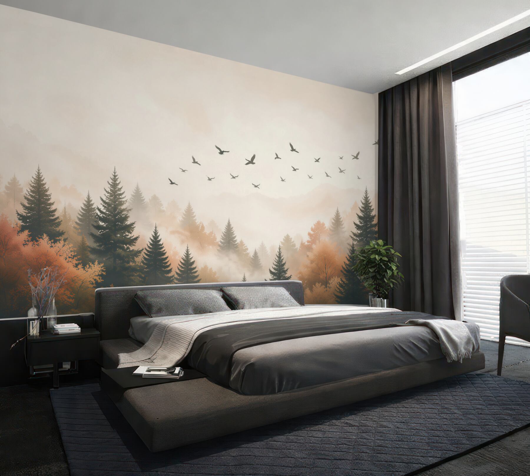 Papier peint forêt de montagne brumeuse avec des oiseaux volant paysage automnal