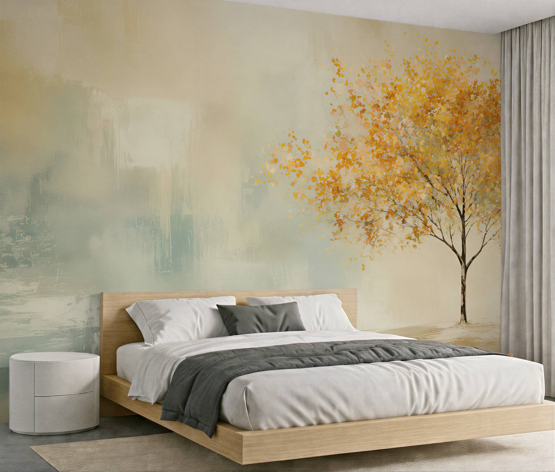 Papier peint arbre solitaire avec des feuilles jaunes paysage moderne
