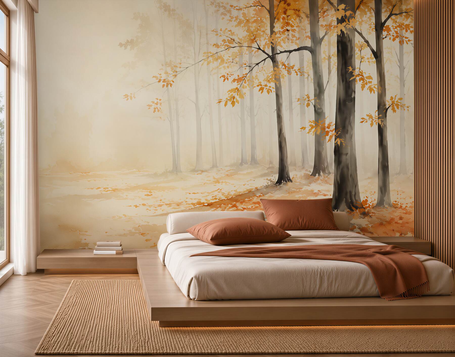 Papier peint forêt d'automne dans le brouillard avec des feuilles tombantes