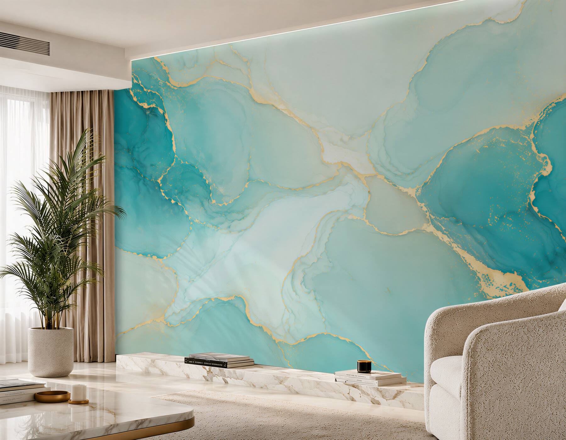 Papier peint marbre turquoise abstrait avec des veines dorées moderne