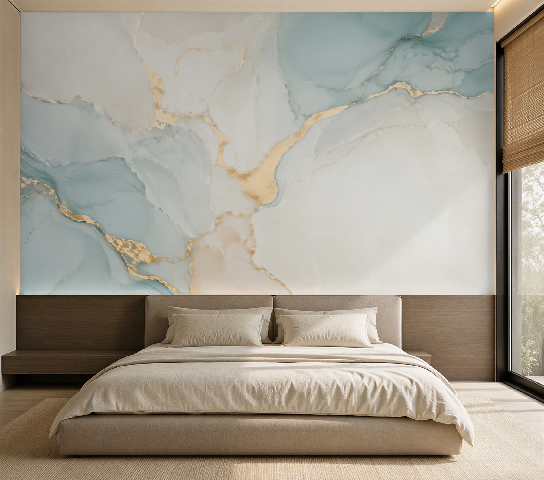 Papier peint marbre bleu et blanc avec des veines dorées élégant