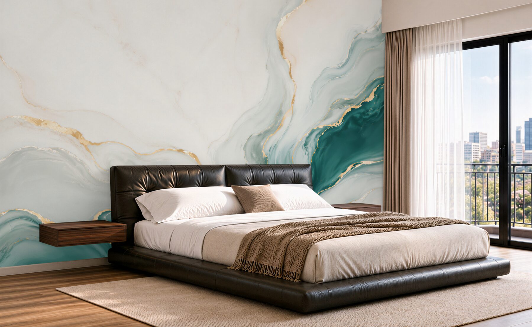Papier peint marbre blanc et turquoise avec une vague dorée moderne