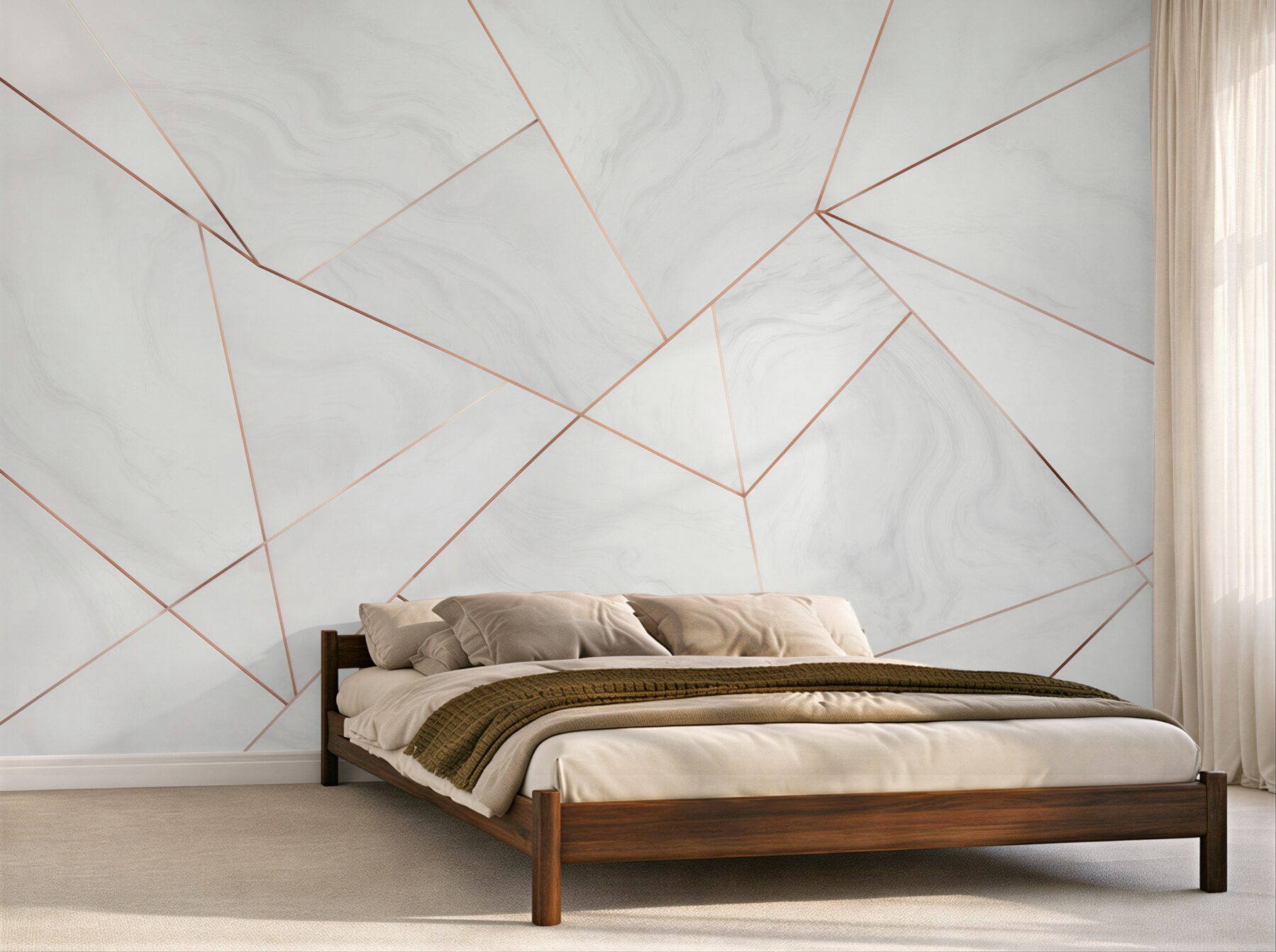 Papier peint marbre géométrique blanc avec des lignes cuivrées moderne