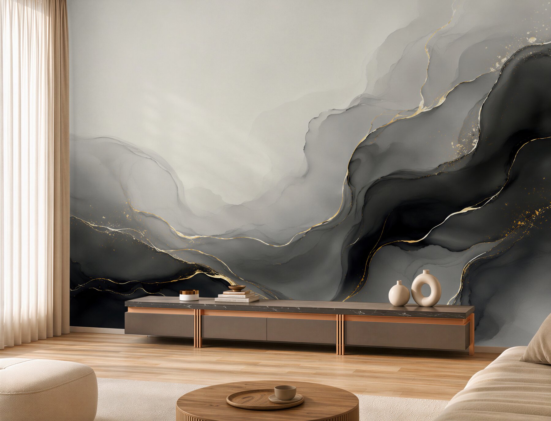 Papier peint marbre noir et gris avec des lignes dorées élégant